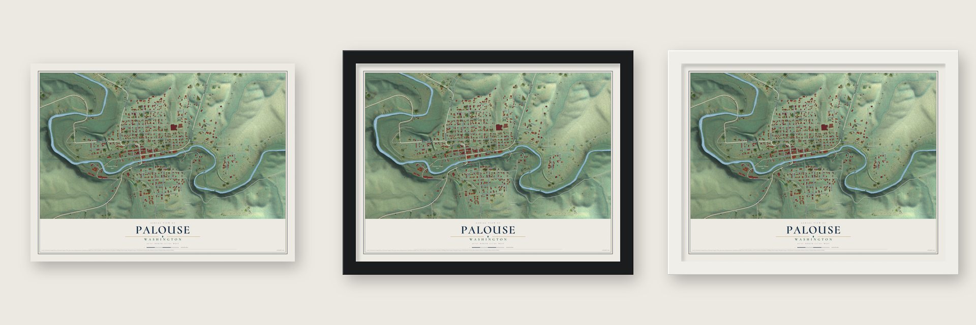 Palouse, Washington map unframed, in a black wood frame and in a white wood frame