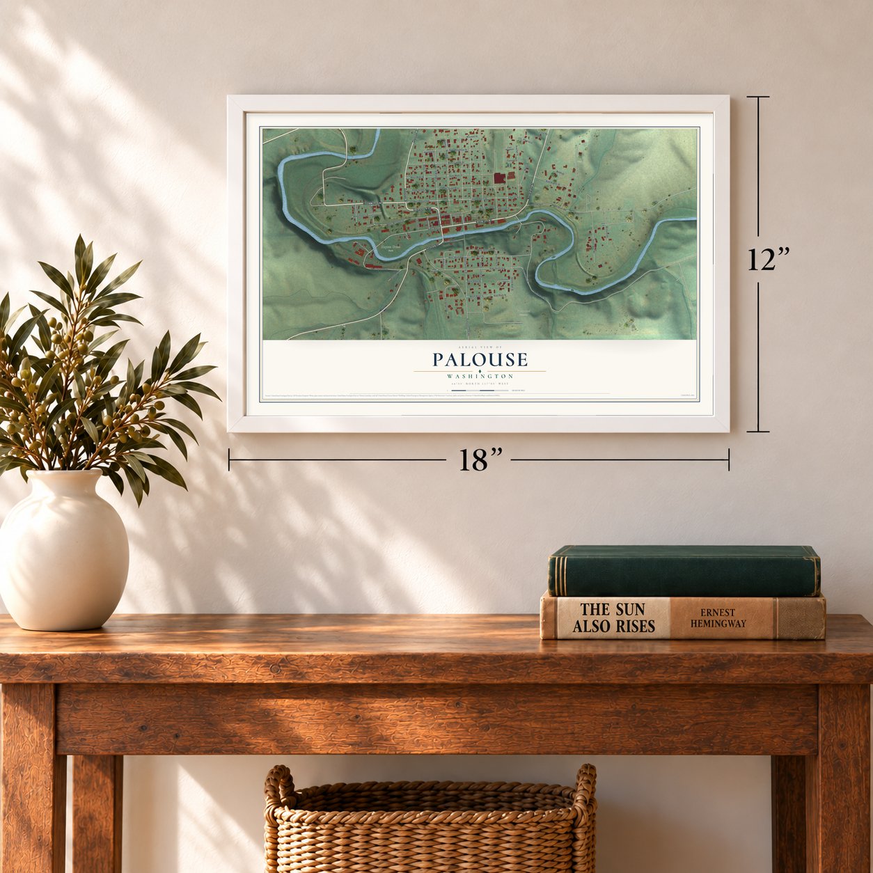 Palouse, Washington map, 12 x 18 inch print in a white frame in an entryway