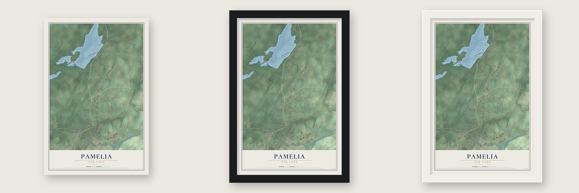 Pamelia, New York map unframed, in a black wood frame and in a white wood frame