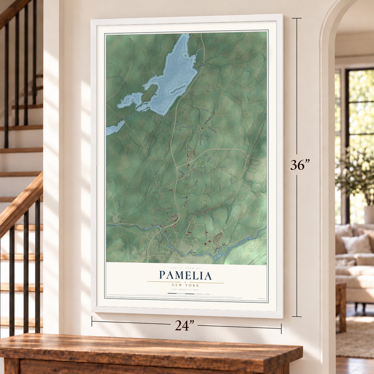 Pamelia, New York map, 24 x 36 inch print in a white frame by a staircase