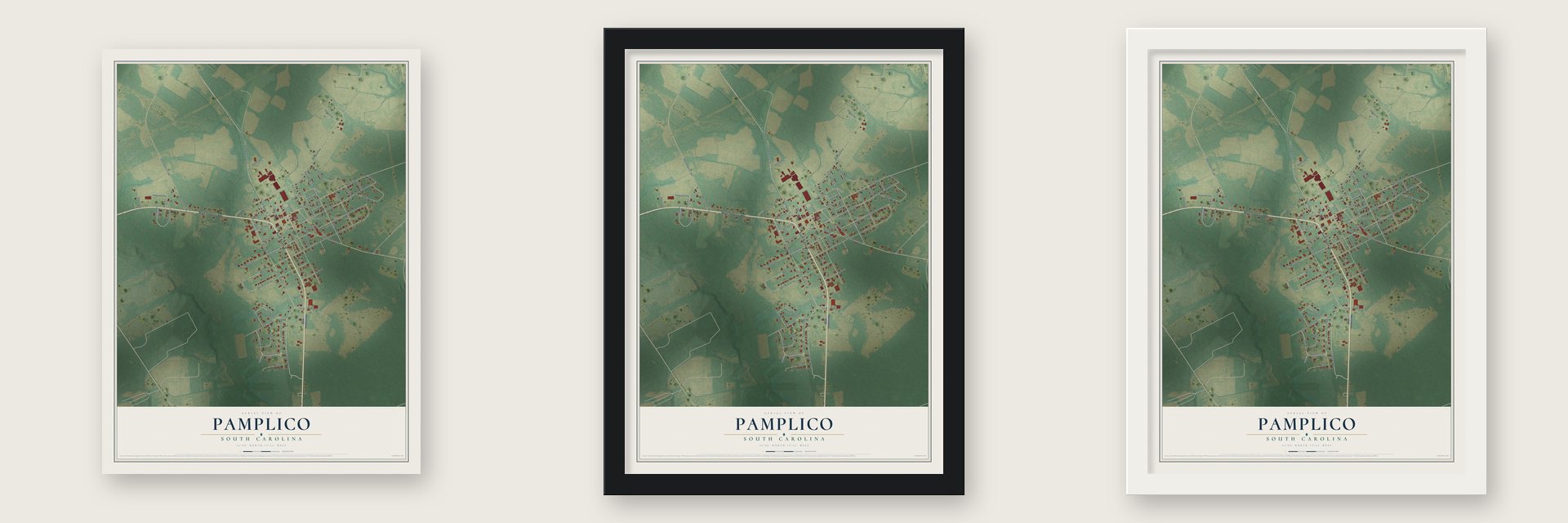 Pamplico, South Carolina map unframed, in a black wood frame and in a white wood frame