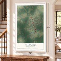 Pamplico, South Carolina map, 24 x 36 inch print in a white frame by a staircase