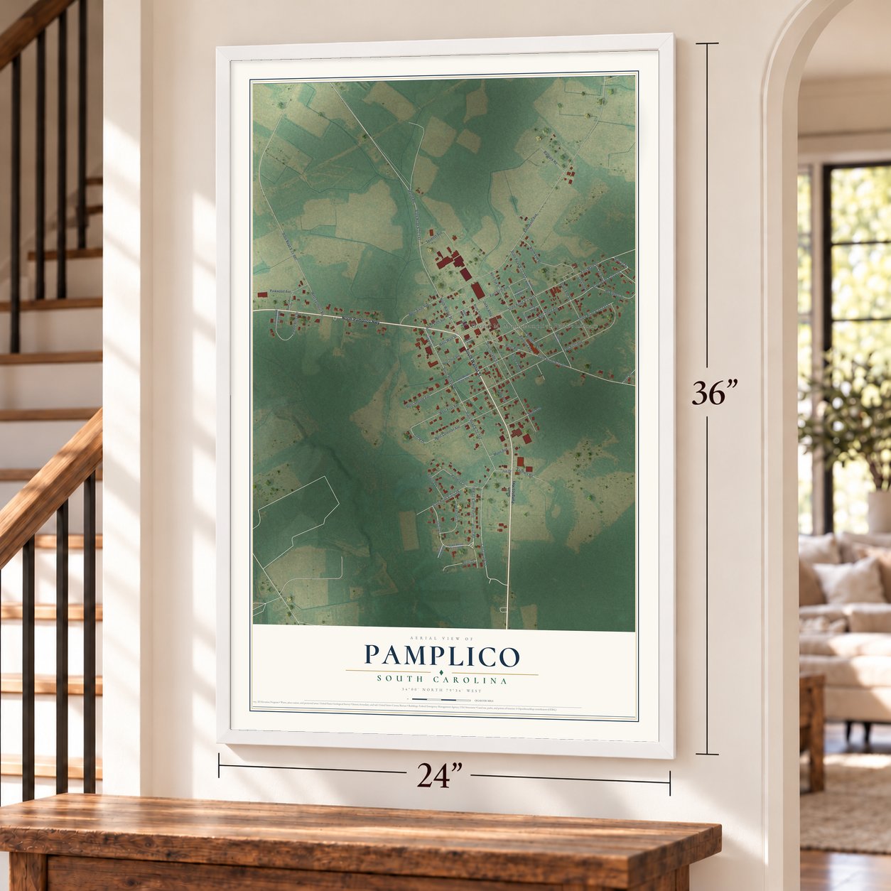 Pamplico, South Carolina map, 24 x 36 inch print in a white frame by a staircase