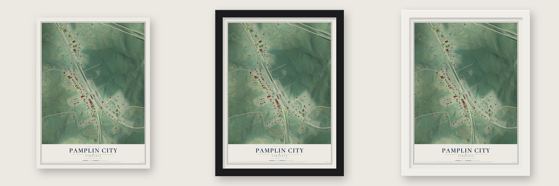 Pamplin City, Virginia map unframed, in a black wood frame and in a white wood frame