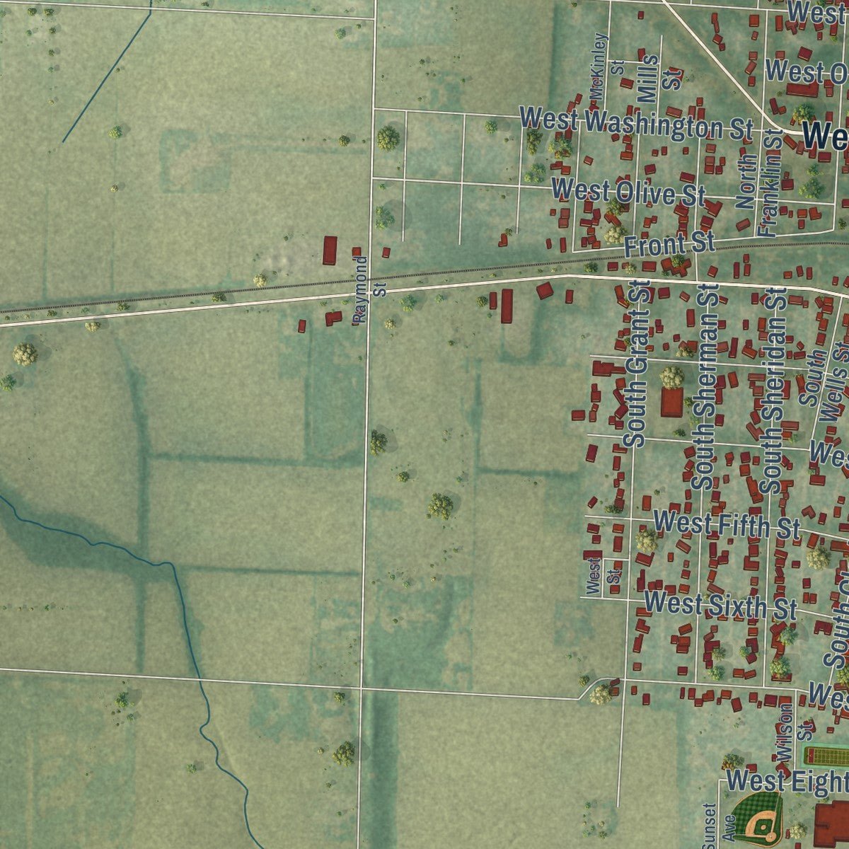 Second close-up of the map of Pana, Illinois print showing more streets and buildings