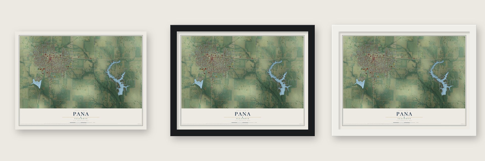 Pana, Illinois map unframed, in a black wood frame and in a white wood frame