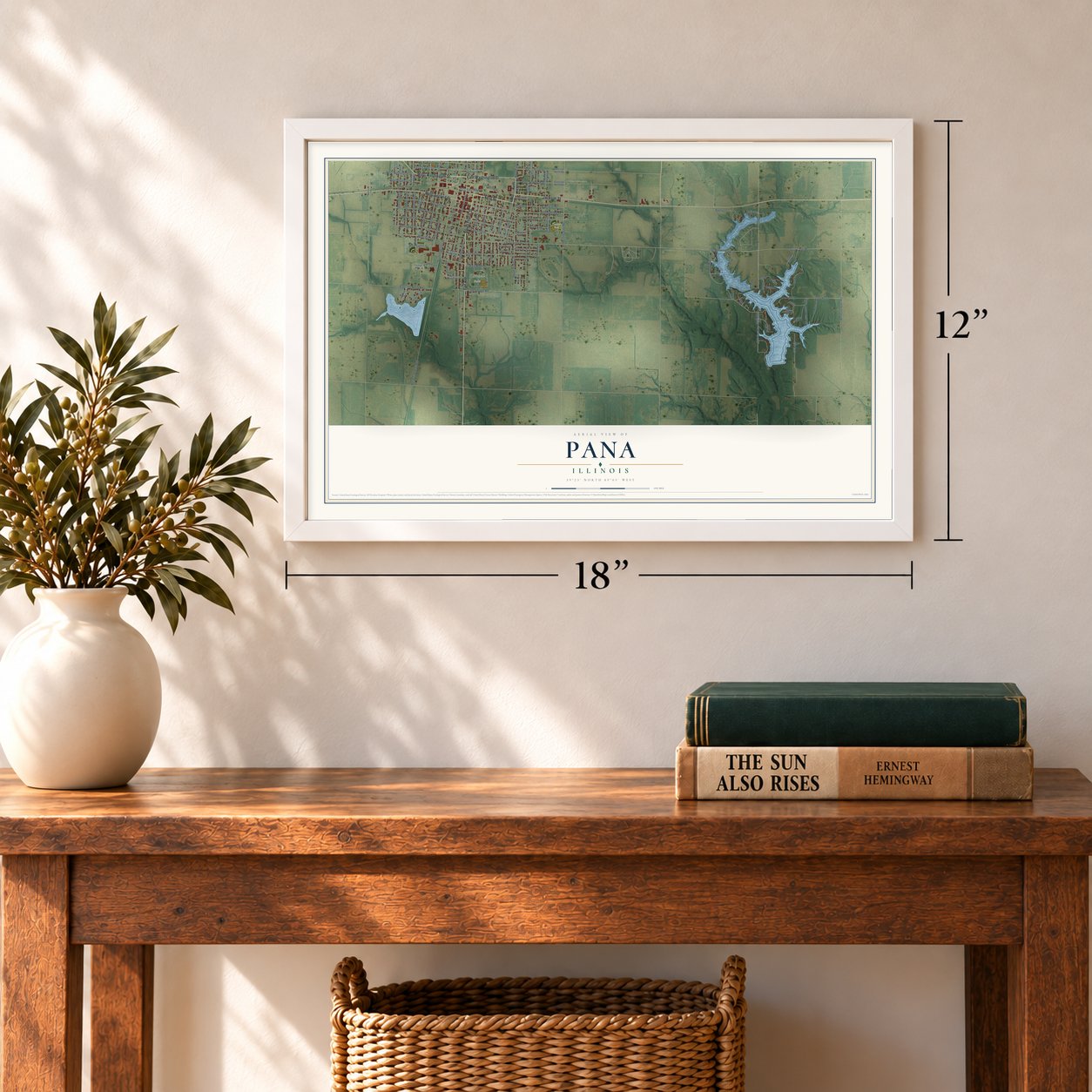 Pana, Illinois map, 12 x 18 inch print in a white frame in an entryway