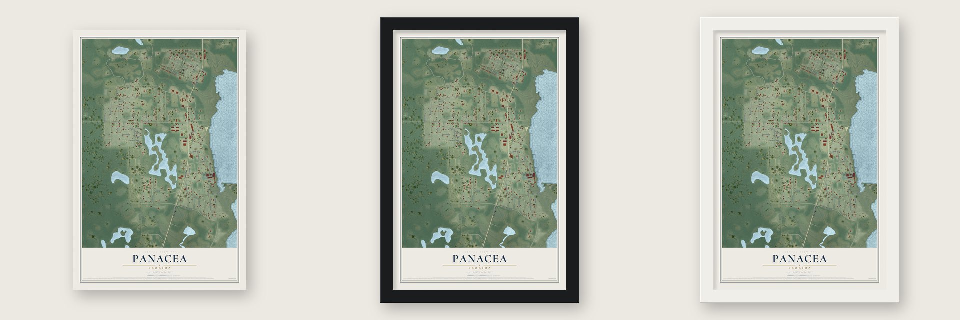 Panacea, Florida map unframed, in a black wood frame and in a white wood frame