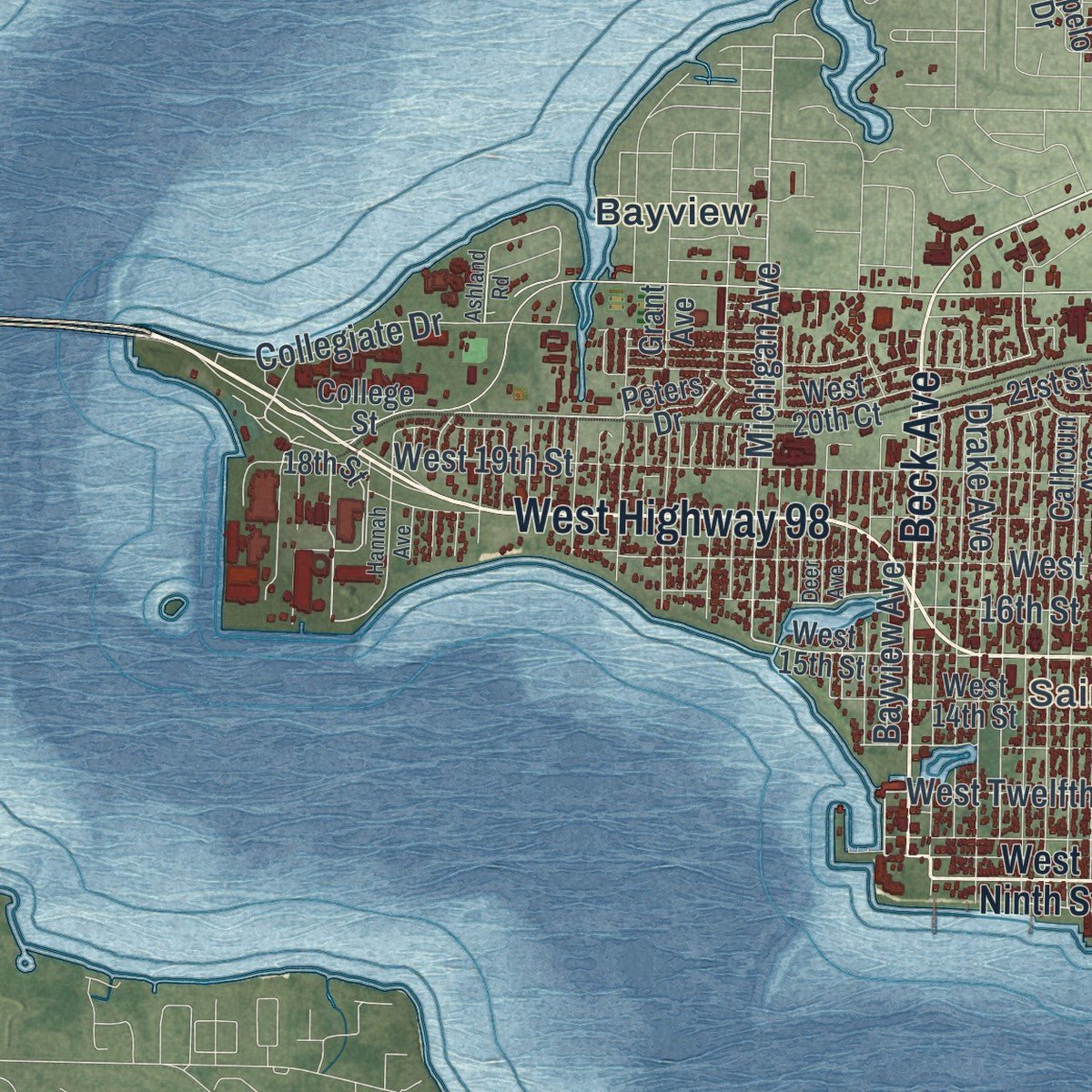 Second close-up of the map of Panama City, Florida print showing more streets and buildings
