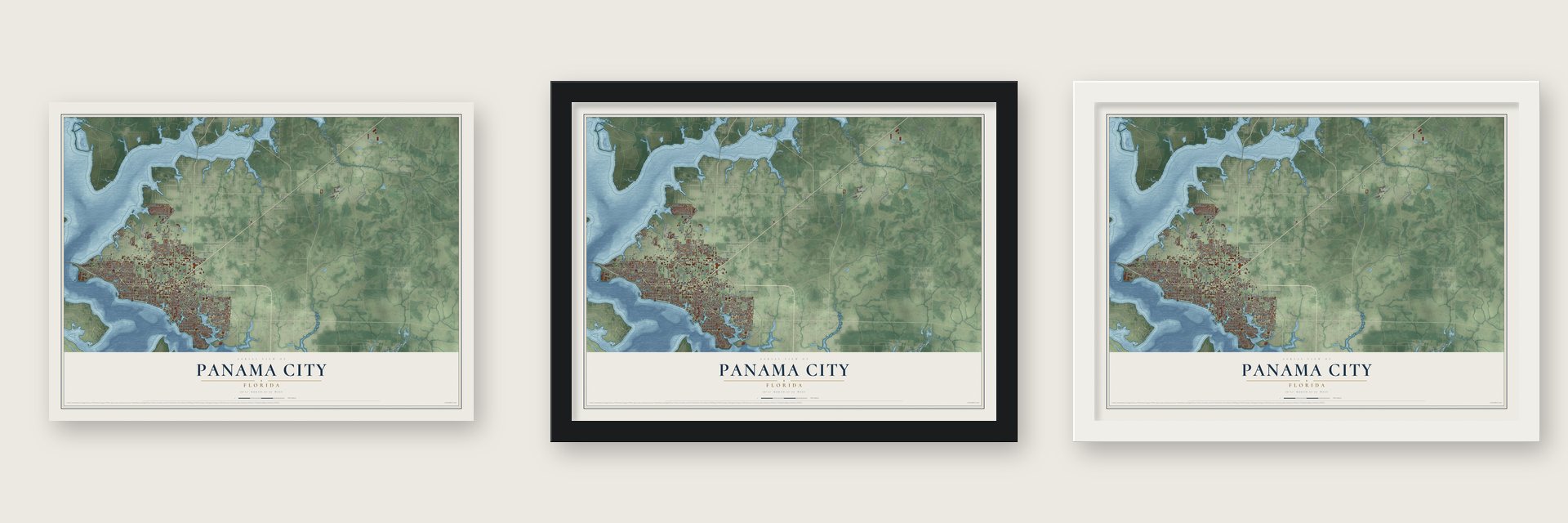 Panama City, Florida map unframed, in a black wood frame and in a white wood frame