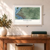 Panama City, Florida map, 12 x 18 inch print in a white frame in an entryway
