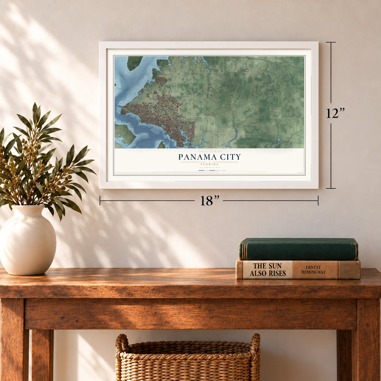 Panama City, Florida map, 12 x 18 inch print in a white frame in an entryway