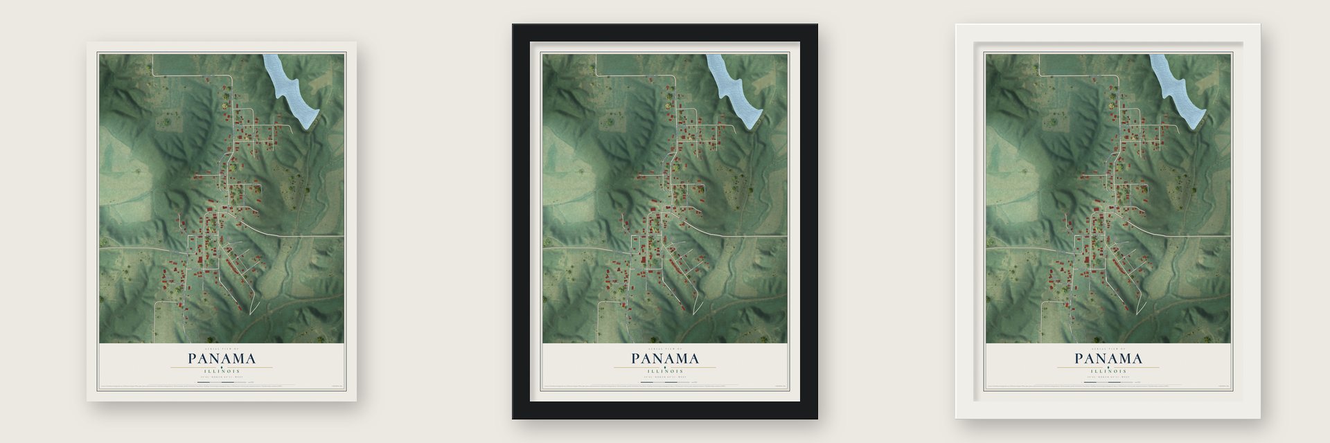Panama, Illinois map unframed, in a black wood frame and in a white wood frame