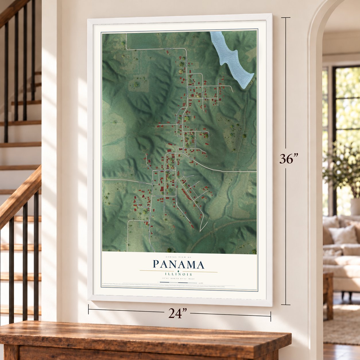 Panama, Illinois map, 24 x 36 inch print in a white frame by a staircase