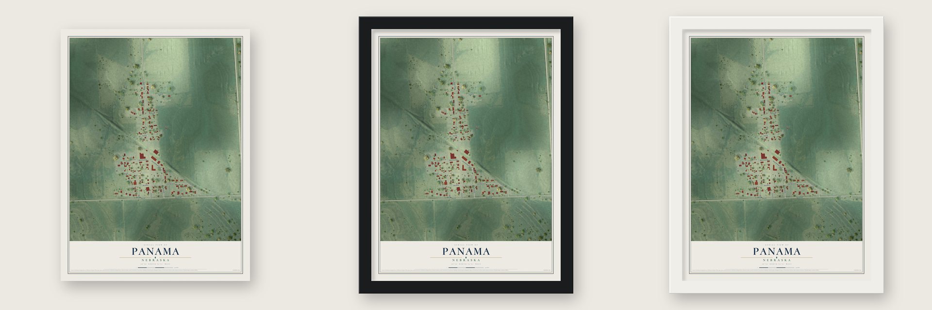 Panama, Nebraska map unframed, in a black wood frame and in a white wood frame