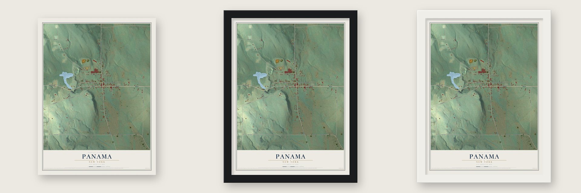 Panama, New York map unframed, in a black wood frame and in a white wood frame