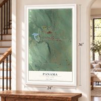 Panama, New York map, 24 x 36 inch print in a white frame by a staircase