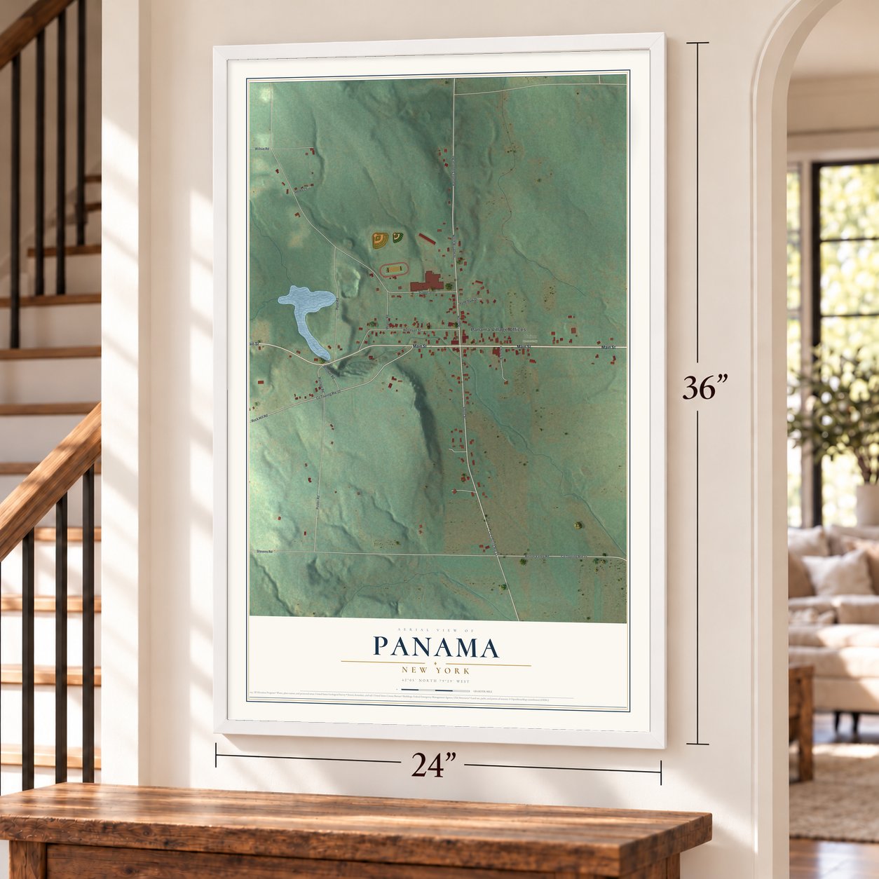 Panama, New York map, 24 x 36 inch print in a white frame by a staircase