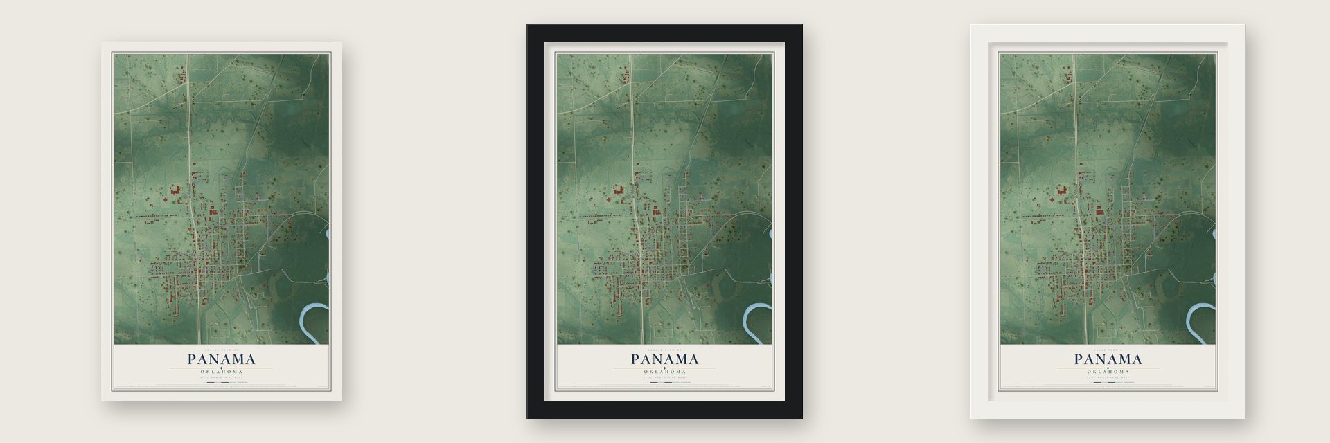 Panama, Oklahoma map unframed, in a black wood frame and in a white wood frame