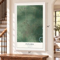 Panama, Oklahoma map, 24 x 36 inch print in a white frame by a staircase