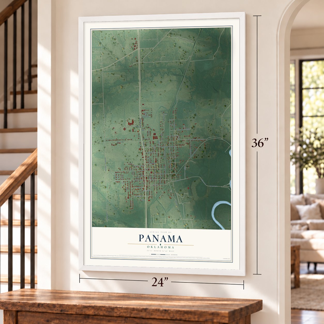 Panama, Oklahoma map, 24 x 36 inch print in a white frame by a staircase
