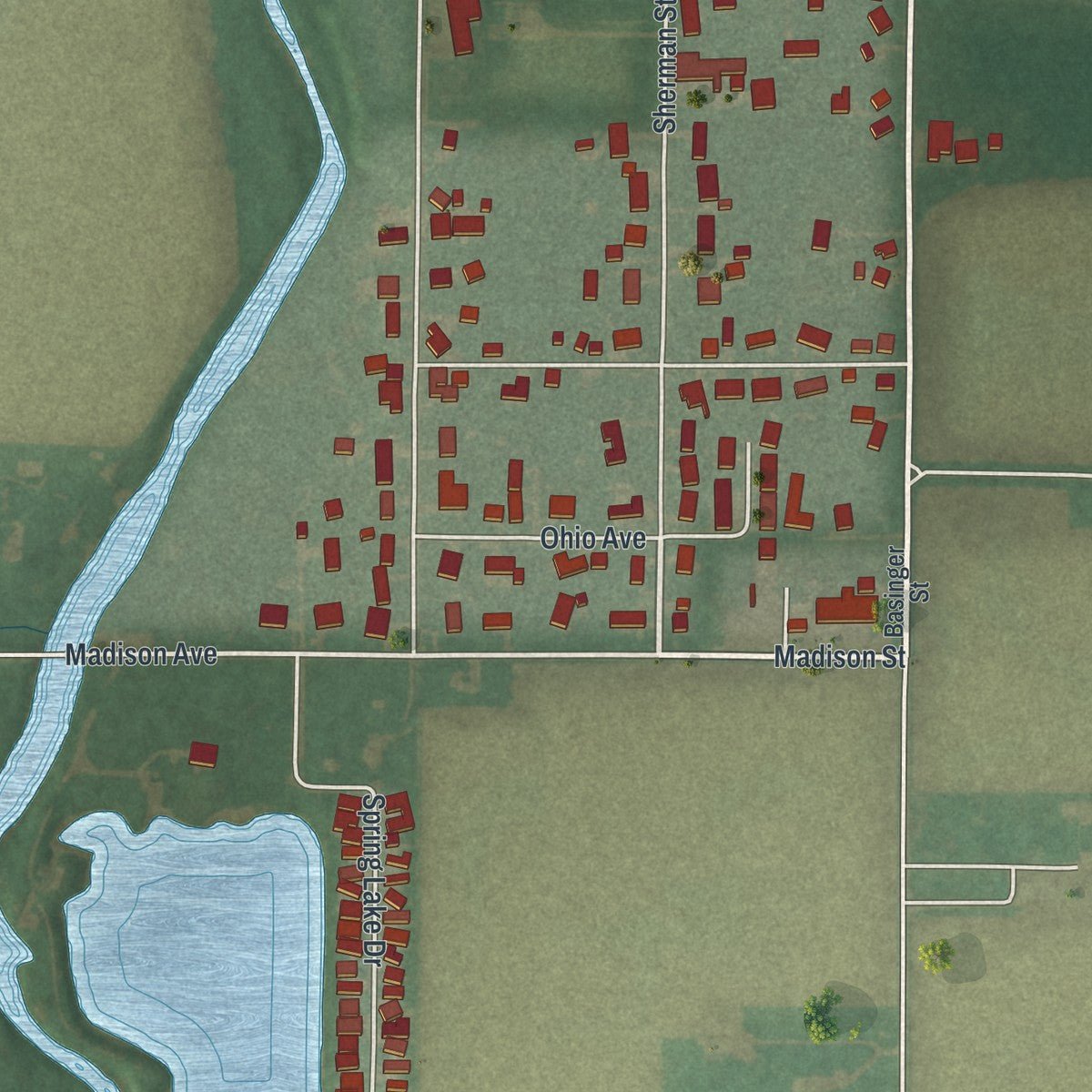 Second close-up of the map of Pandora, Ohio print showing more streets and buildings