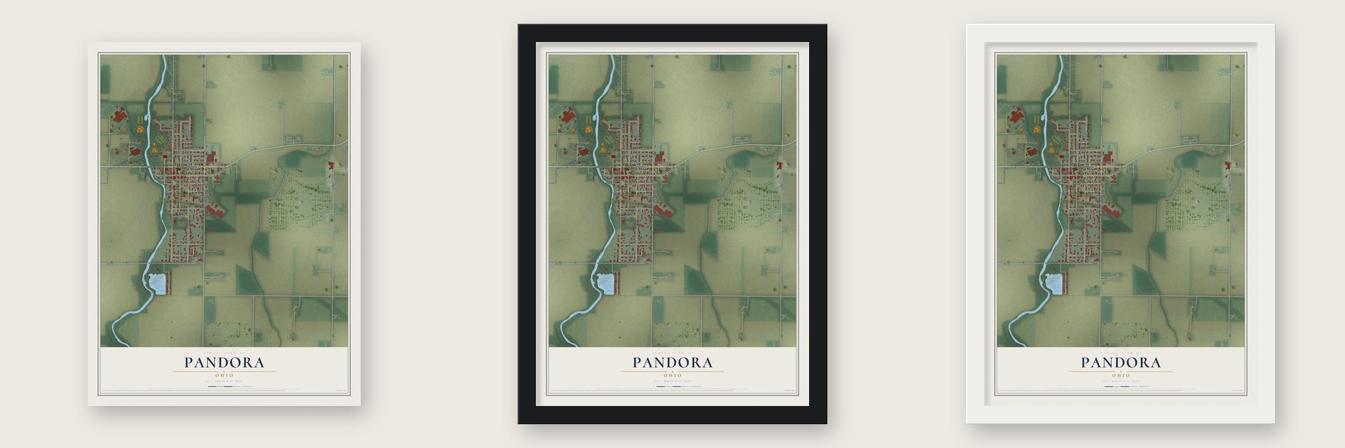 Pandora, Ohio map unframed, in a black wood frame and in a white wood frame