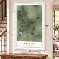 Pandora, Ohio map, 24 x 36 inch print in a white frame by a staircase