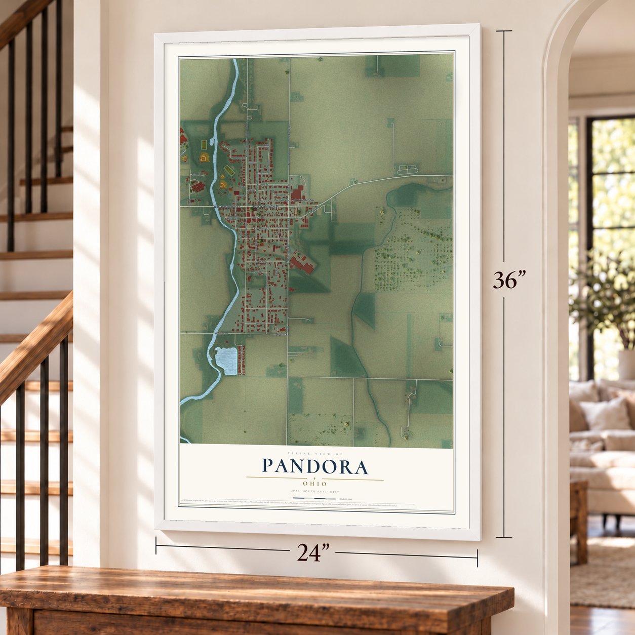 Pandora, Ohio map, 24 x 36 inch print in a white frame by a staircase