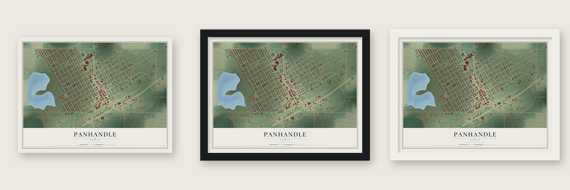 Panhandle, Texas map unframed, in a black wood frame and in a white wood frame