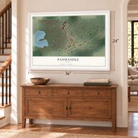 Panhandle, Texas map, 24 x 36 inch print in a white frame above a dresser by a staircase