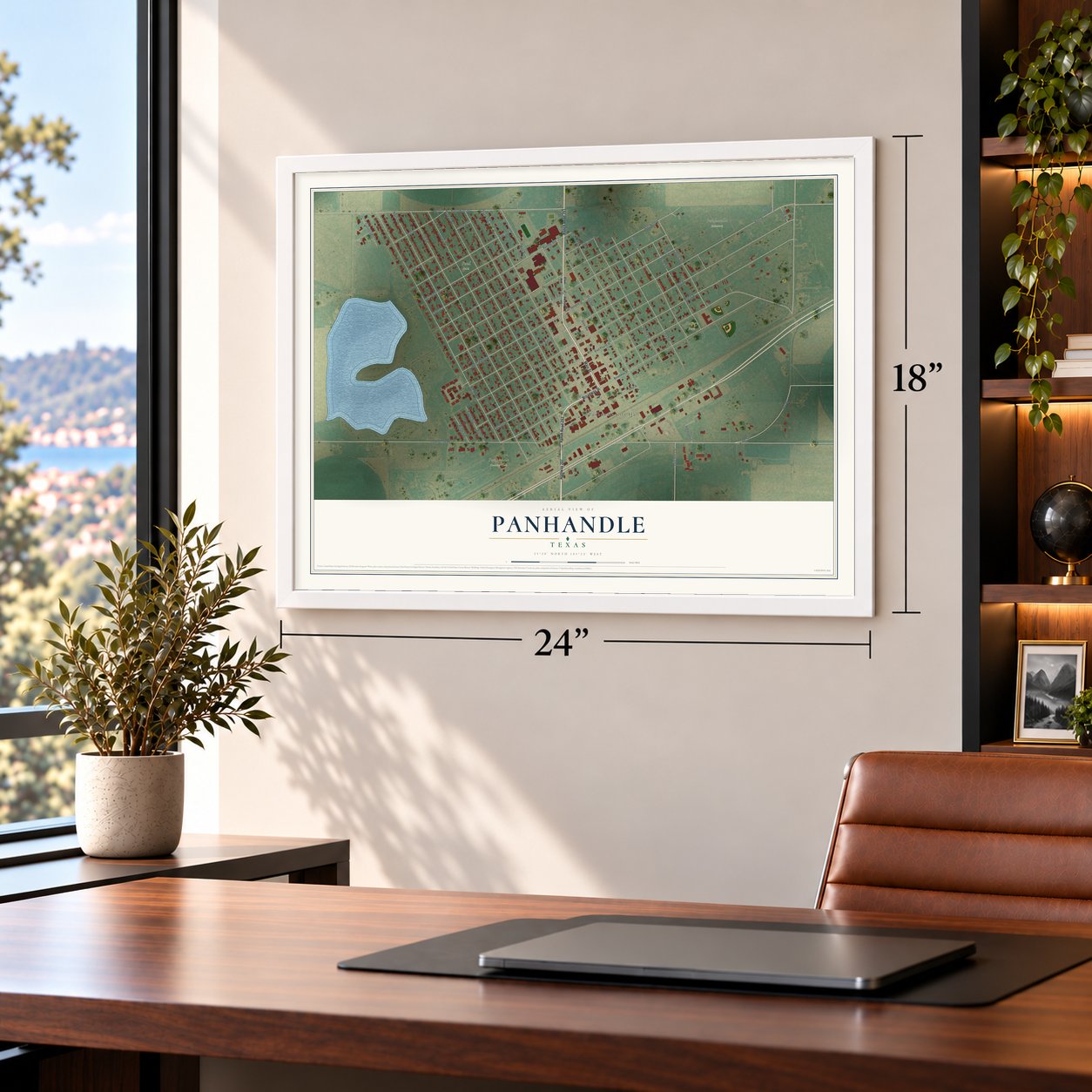 Panhandle, Texas map, 18 x 24 inch print in a white frame in a home office