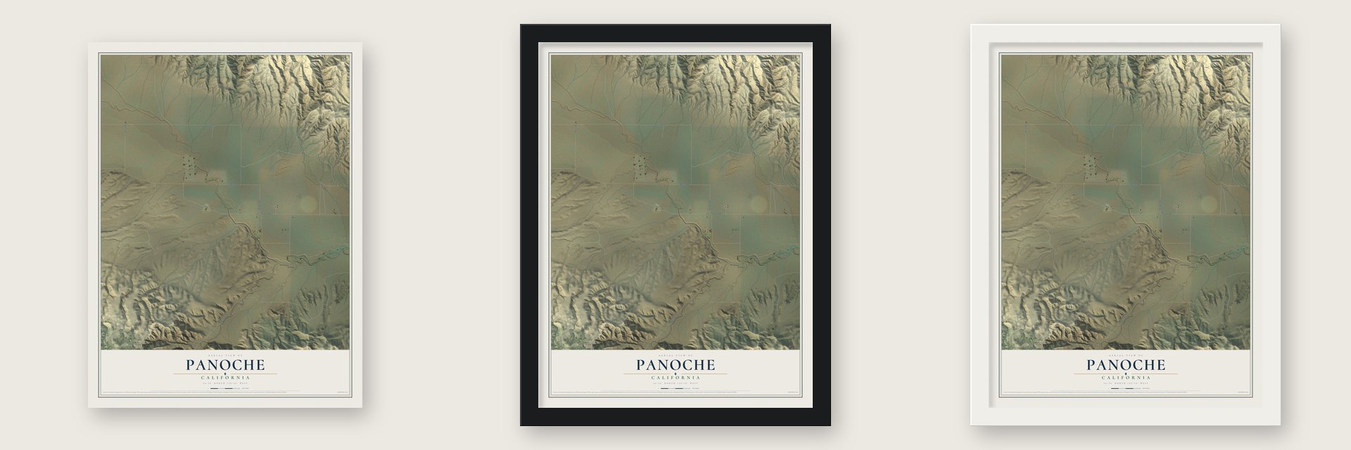 Panoche, California map unframed, in a black wood frame and in a white wood frame