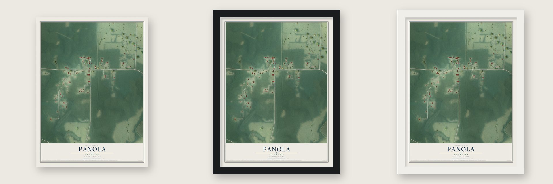 Panola, Alabama map unframed, in a black wood frame and in a white wood frame