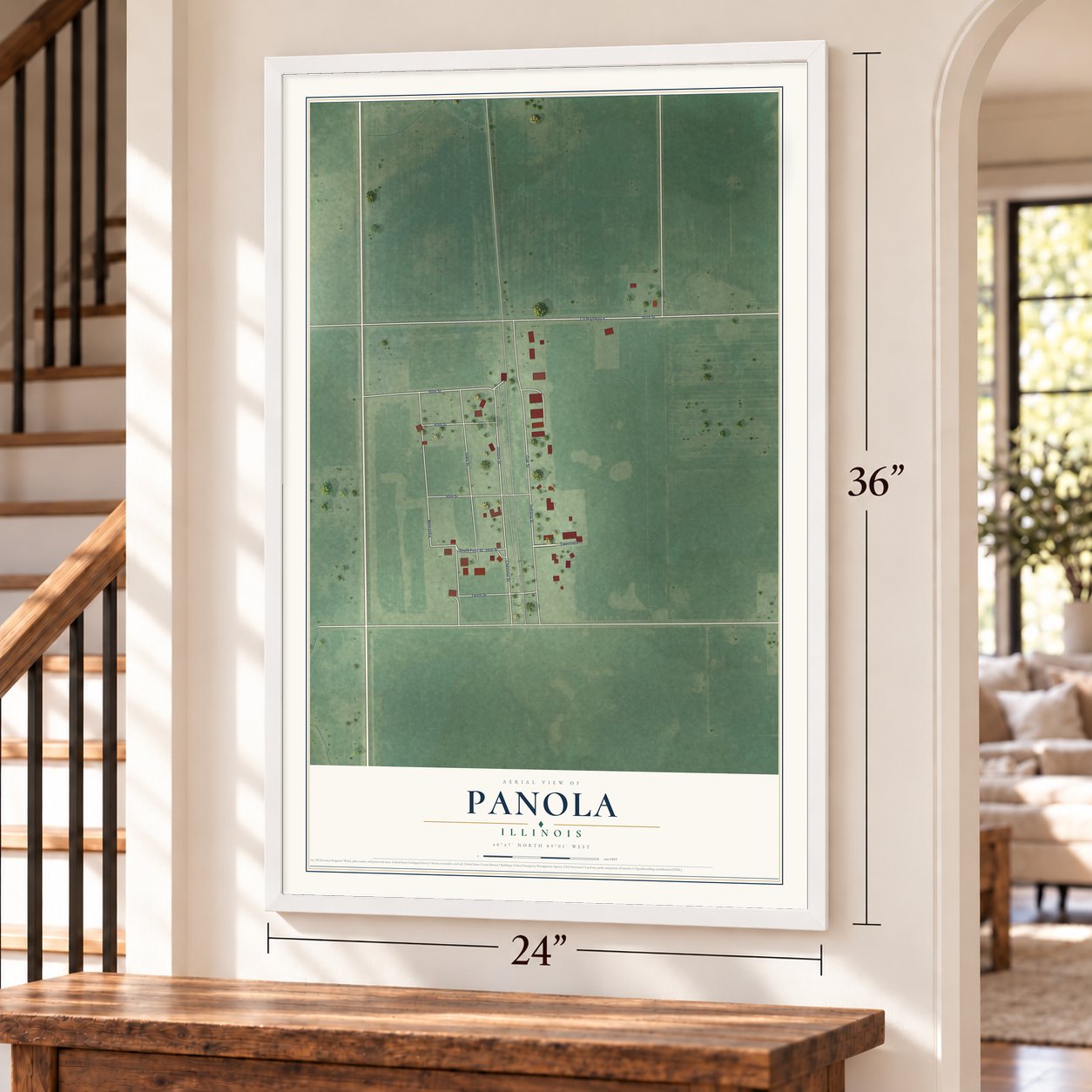 Panola, Illinois map, 24 x 36 inch print in a white frame by a staircase