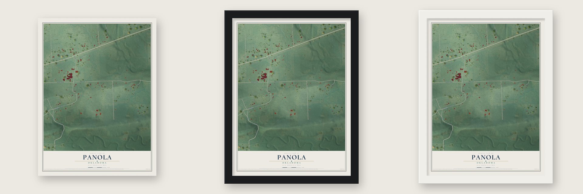 Panola, Oklahoma map unframed, in a black wood frame and in a white wood frame