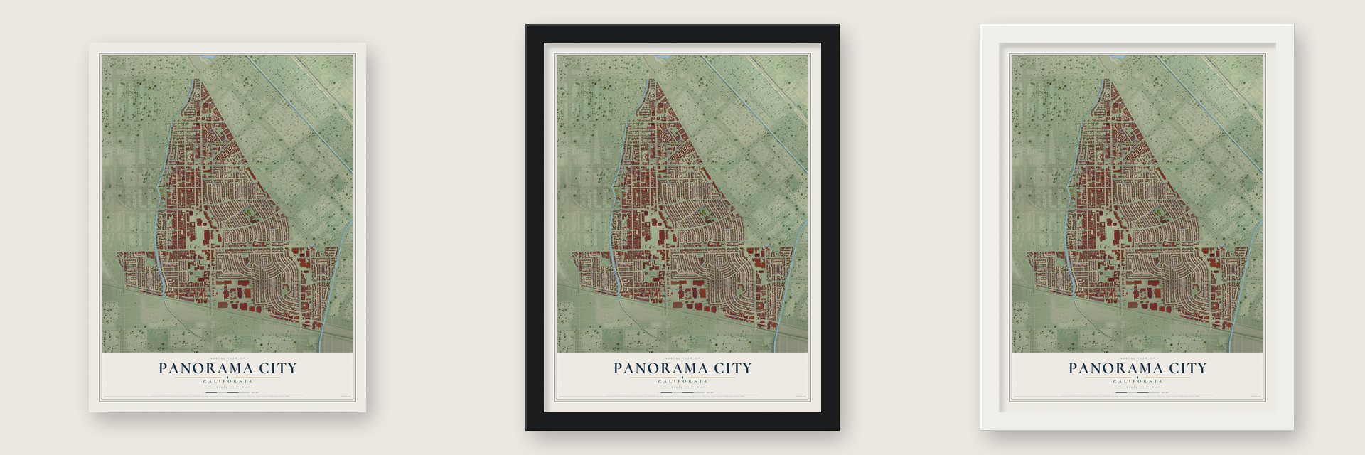 Panorama City, California map unframed, in a black wood frame and in a white wood frame