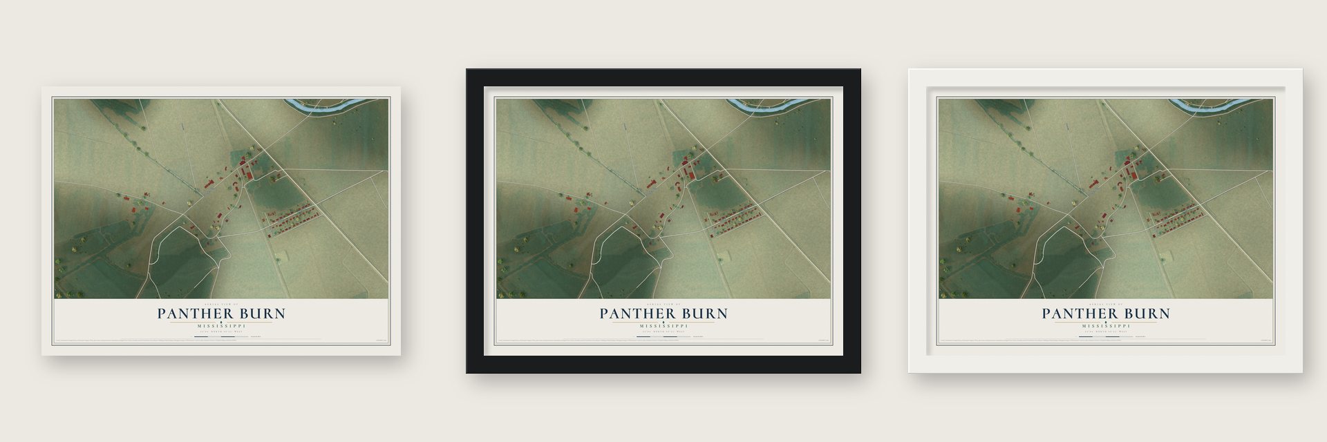 Panther Burn, Mississippi map unframed, in a black wood frame and in a white wood frame