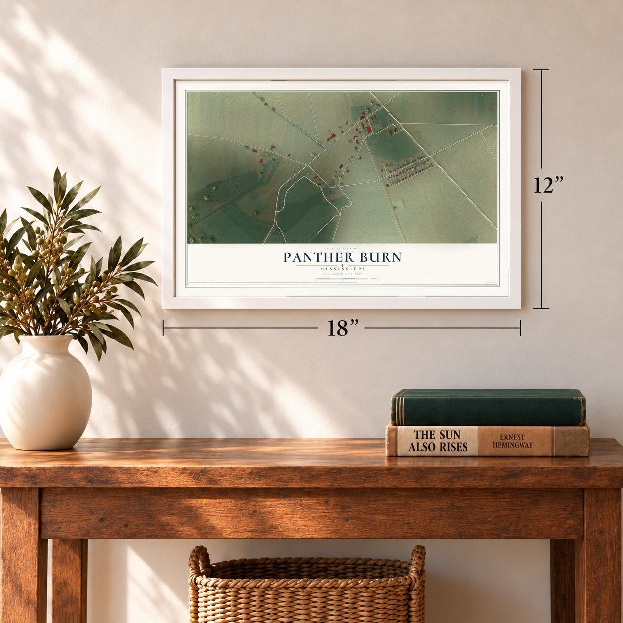 Panther Burn, Mississippi map, 12 x 18 inch print in a white frame in an entryway