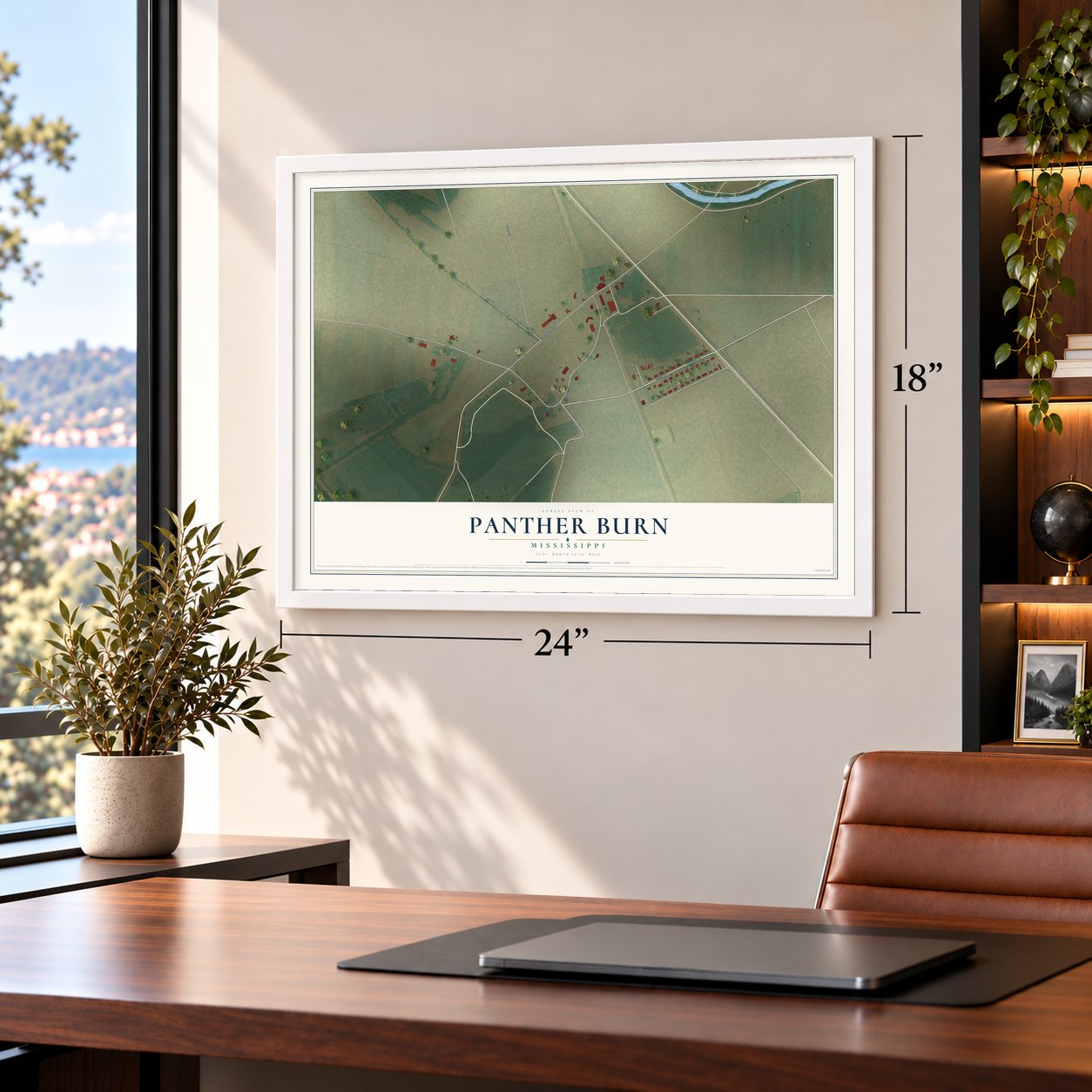 Panther Burn, Mississippi map, 18 x 24 inch print in a white frame in a home office