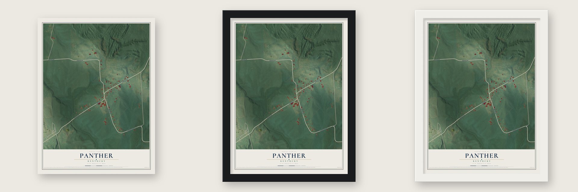 Panther, Kentucky map unframed, in a black wood frame and in a white wood frame