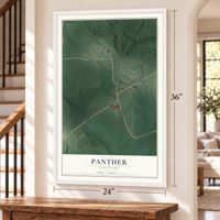Panther, Kentucky map, 24 x 36 inch print in a white frame by a staircase