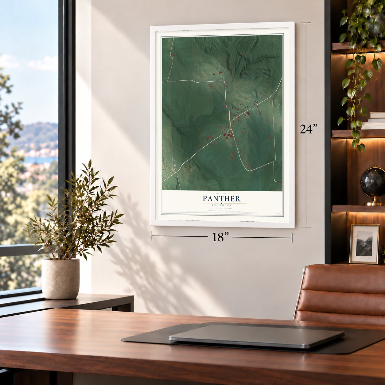 Panther, Kentucky map, 18 x 24 inch print in a white frame in a home office