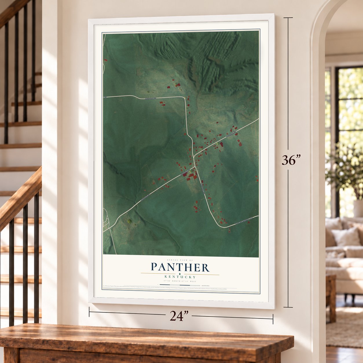 Panther, Kentucky map, 24 x 36 inch print in a white frame by a staircase