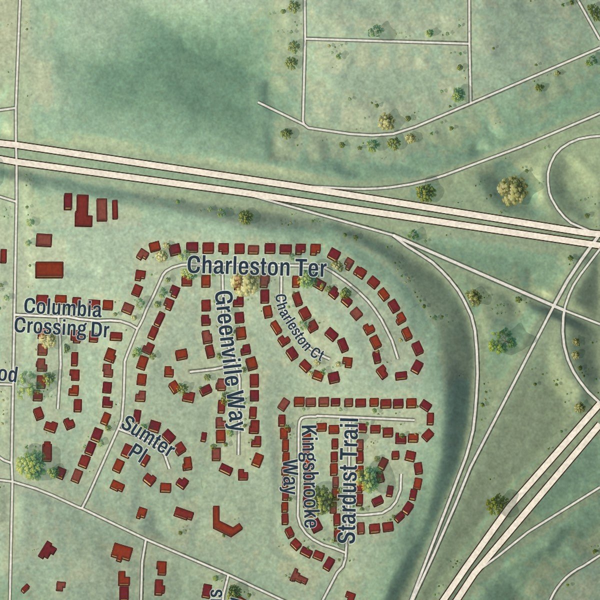 Second close-up of the map of Panthersville, Georgia print showing more streets and buildings