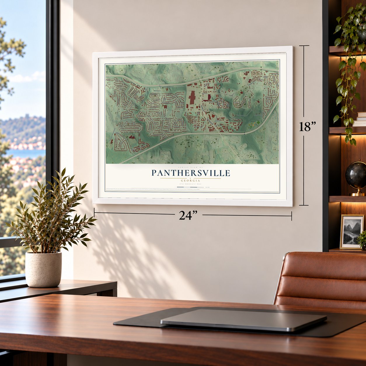 Panthersville, Georgia map, 18 x 24 inch print in a white frame in a home office