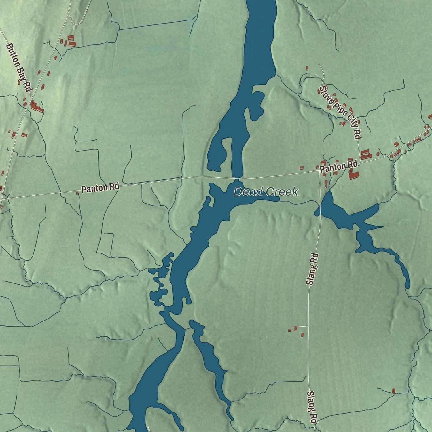 Close-up of the map of Panton, Vermont print showing terrain and local geography
