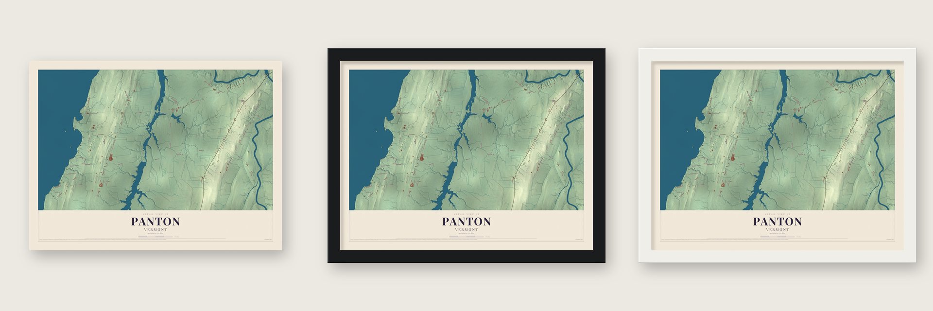 Panton, Vermont map unframed, in a black wood frame and in a white wood frame