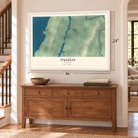 Panton, Vermont map, 24 x 36 inch print in a white frame above a dresser by a staircase