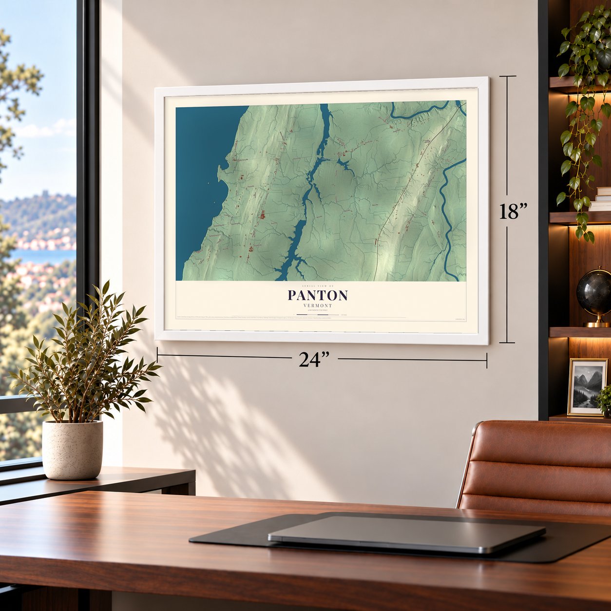 Panton, Vermont map, 18 x 24 inch print in a white frame in a home office